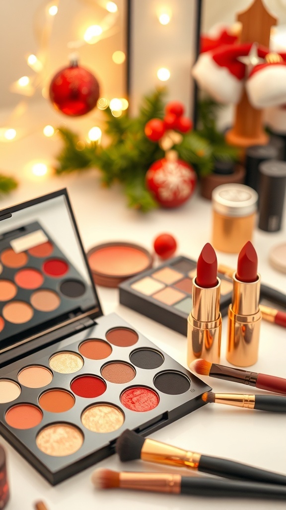 A festive makeup setup with red and gold colors, brushes, and holiday decorations.